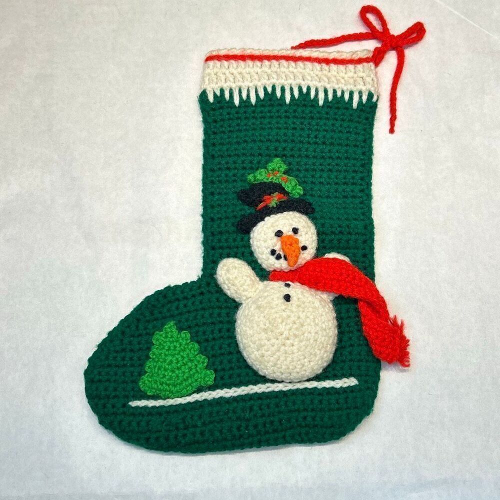Vtg Handmade Crochet Christmas Stocking Green White Snowman Holiday Decor